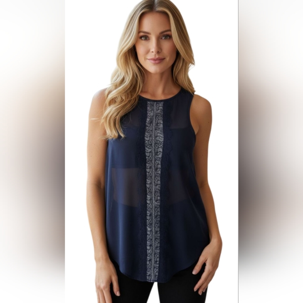 Navy Sheer Sleeveless Blouse with Embroidered Center Panel – Size XS